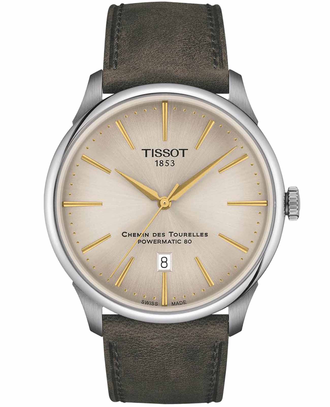 Tissot Tissot Chemin des Tourelles Powermatic 80 T139.407.16.261.00 Chemin des Tourelles T1394071626100 механические мужские часы бежевый циферблат, браслет кожаный — вид спереди